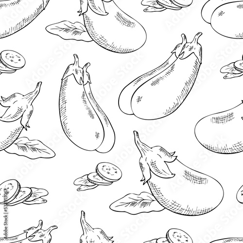 seamless, colorless pattern with eggplant and leaves, contour drawing by hand with hatching
