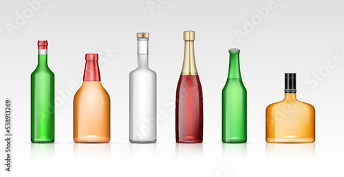 Alcohol drinks bottles, realistic mockup templates. Vodka, tequila, whiskey, vermouth, absinthe