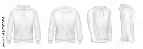 Realistic white hoodie for man. Men sweatshirt with sleeves and drawstring. Mockup of male jacket