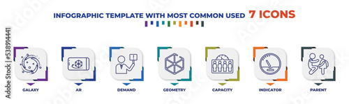 infographic template with outline icons. thin line icons such as galaxy, ar, demand, geometry, capacity, indicator, parent editable vector. can be used for web, mobile, info graph.