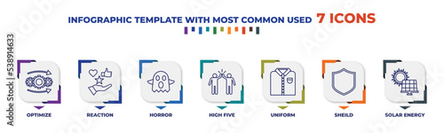 infographic template with outline icons. thin line icons such as optimize, reaction, horror, high five, uniform, sheild, solar energy editable vector. can be used for web, mobile, info graph.