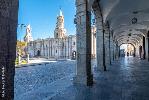 views of famous arequipa cathedral in plaza de armas, peru photo