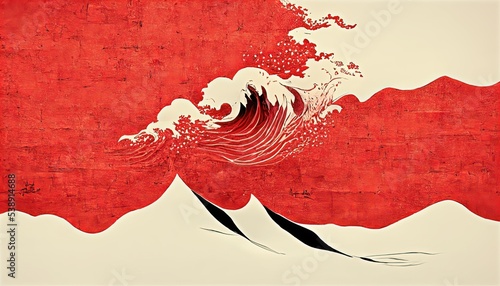 Clouds and white mountains with red splashes, design elements in the style of Katsushika Hokusai in the Japanese style, background design