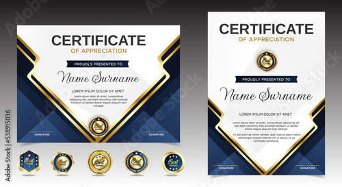 Certificate of appreciation template, gold and blue color. Clean modern certificate with gold badge. Certificate border template with luxury and modern line pattern. Diploma vector template. vector EP