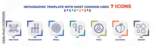 infographic template with outline icons. thin line icons such as one piece, transmission, spiral, , toxic, ass emoji, widget editable vector. can be used for web, mobile, info graph.