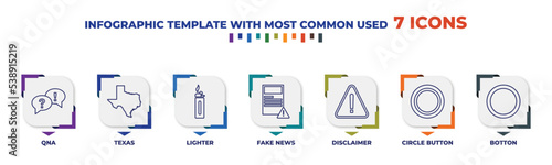 infographic template with outline icons. thin line icons such as qna, texas, lighter, fake news, disclaimer, circle button, botton editable vector. can be used for web, mobile, info graph.