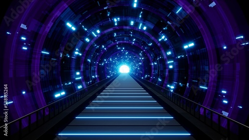 shiny neon light dark tunnel way 3d rendering