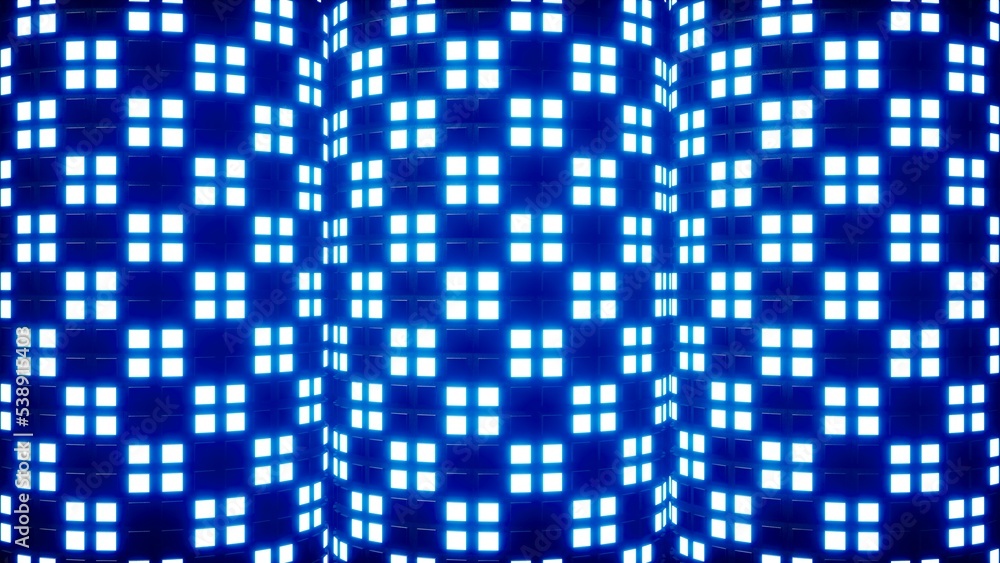 Three shiny Blue light square tiled pillar background 3d rendering