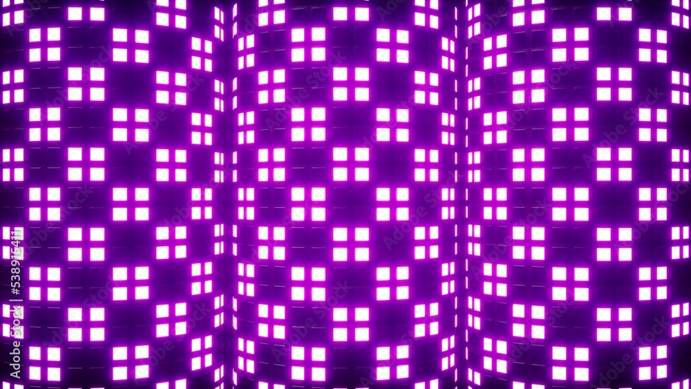 Three shiny purple light square tiled pillar background 3d rendering