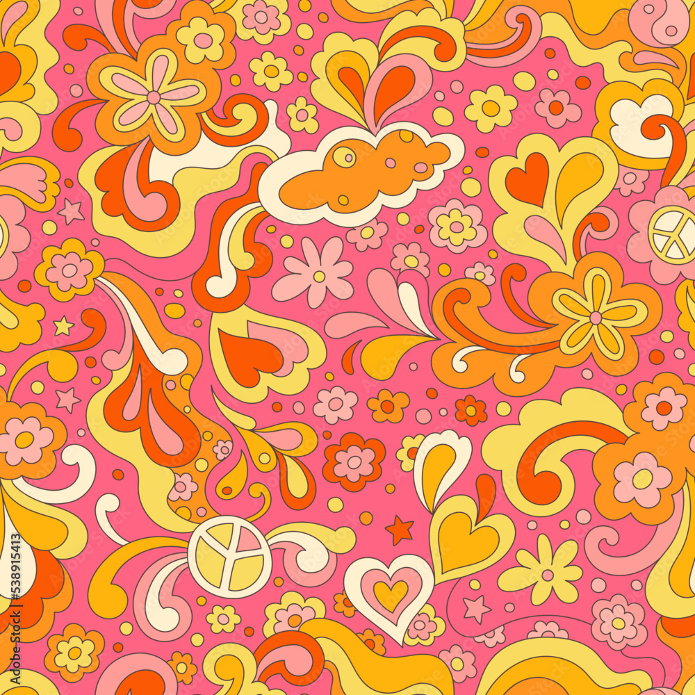 Abstract psychedelic surface pattern design for textile , stationery, wrapping paper. Colorful retro seamless pattern with hand drawn groovy elements and flowers. Vintage 60s hippie vector background Abstract psychedelic surface pattern design for textile , stationery, wrapping paper. Colorful retro seamless pattern with hand drawn groovy elements and flowers. Vintage 60s hippie vector background