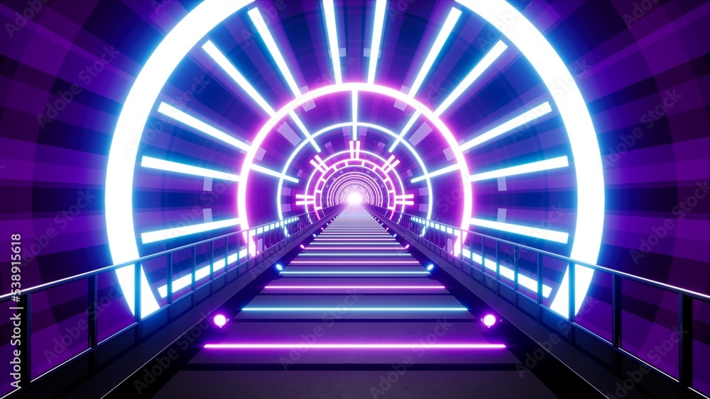 flashing neon light tunnel way 3d rendering