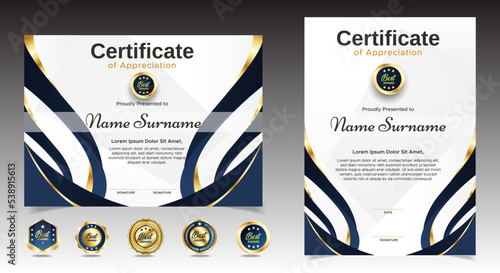 Set Blue and gold elegant horizontal and portrait diploma. Luxury certificates with badges. vector EPS 10