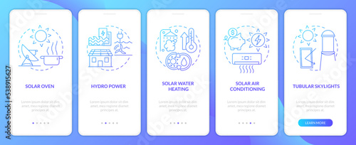 Power home with green energy blue gradient onboarding mobile app screen. Walkthrough 5 steps graphic instructions with linear concepts. UI, UX, GUI template. Myriad Pro-Bold, Regular fonts used