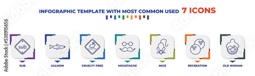 infographic template with outline icons. thin line icons such as sub, salmon, cruelty free, moustache, mice, recreation, old woman editable vector. can be used for web, mobile, info graph.