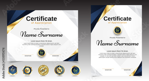 Set Blue and gold elegant horizontal and portrait diploma. Luxury certificates with badges. vector EPS 10