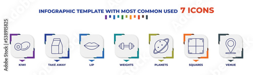 infographic template with outline icons. thin line icons such as kiwi, take away, lip, weights, planets, squares, venue editable vector. can be used for web, mobile, info graph.