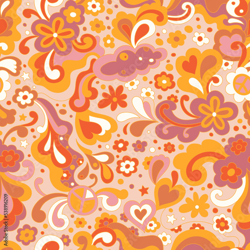 Abstract psychedelic surface pattern design for textile , stationery, wrapping paper. Colorful retro seamless pattern with hand drawn groovy elements and flowers. Vintage 60s hippie vector background