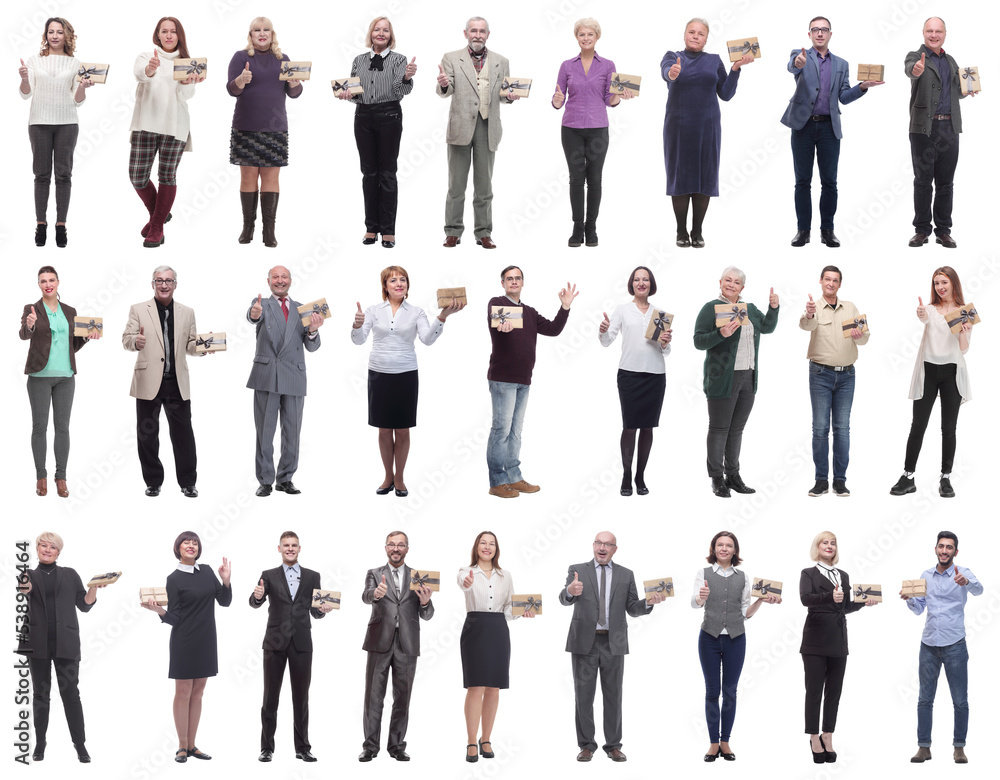group of happy people with gifts in their hands isolated group of happy people with gifts in their hands isolated