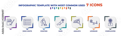 infographic template with outline icons. thin line icons such as , menu white, vomiting, rape, analisys, leverage, complicated editable vector. can be used for web, mobile, info graph.
