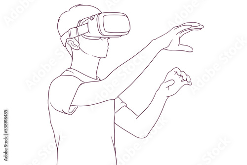 Young man using virtual reality headset hand drawn style vector illustration