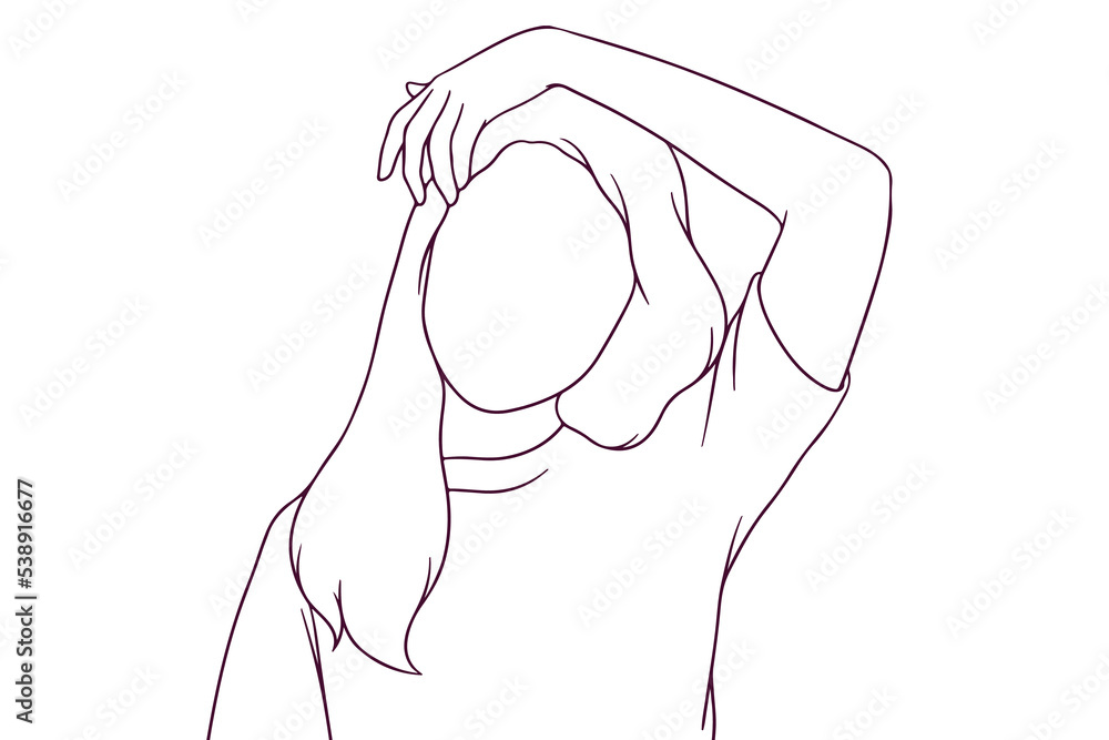 girl raise hand and hold her head hand drawn style vector illustration