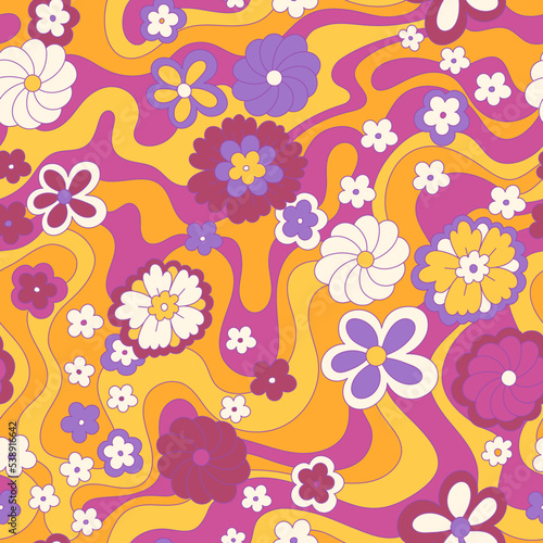 Vintage 60s hippie vector background. Colorful retro seamless pattern with hand drawn groovy elements and flowers. Abstract psychedelic surface pattern design for textile , stationery, wrapping paper.