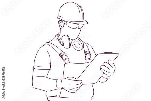 engineer looking at clipboard hand drawn style vector illustration