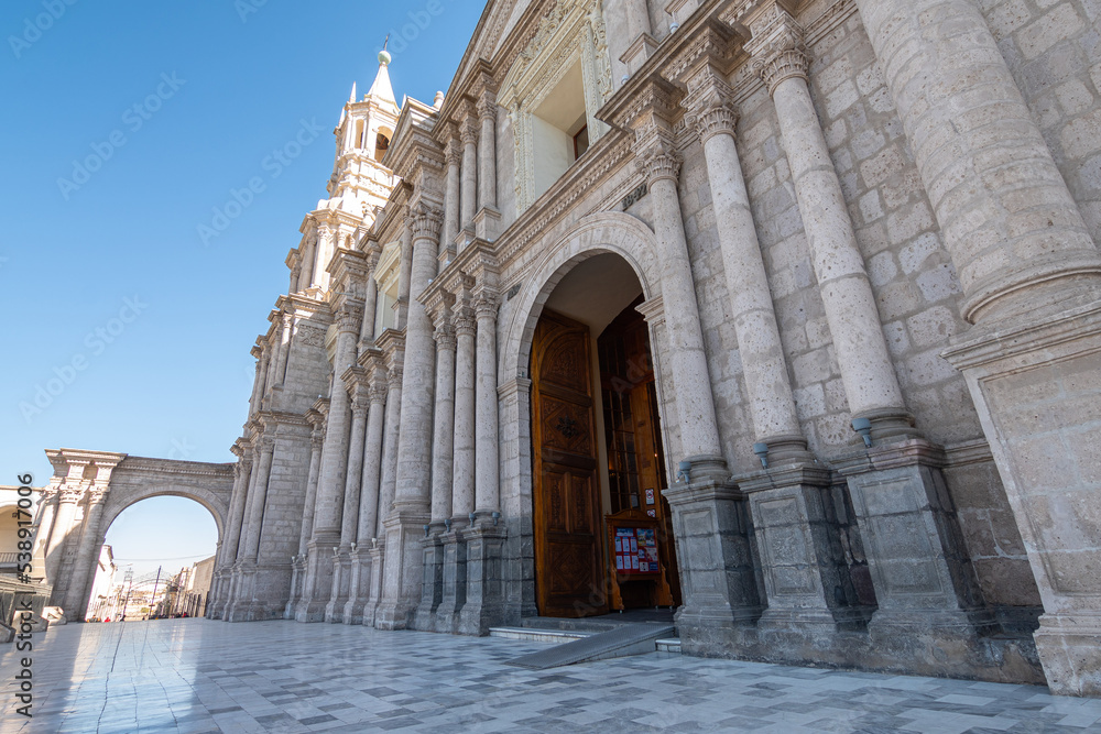 views of famous arequipa cathedral in plaza de armas, peru