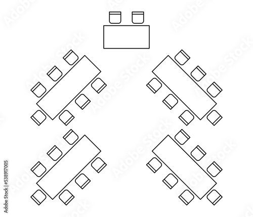 Photo Plan for arranging seats and tables in interior on event banquet herringbone, layout graphic outline elements