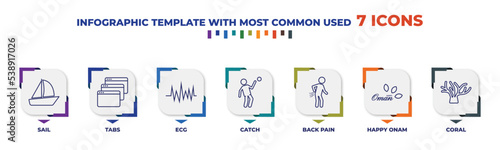 infographic template with outline icons. thin line icons such as sail, tabs, ecg, catch, back pain, happy onam, coral editable vector. can be used for web, mobile, info graph.