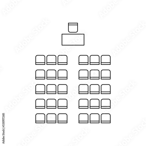 Set of plan for arranging seats in interior, auditorium with place spectators, classroom, theater, lecture hall, layout outline elements. Scheme chairs and tables icons. Furniture top view.Vector line