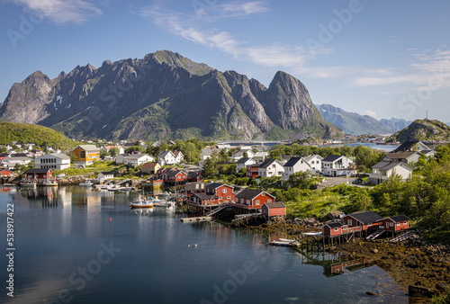 Boats in Reine harbour, and mountains, Moskenesoya, Lofoten Islands, Nordland, Norway