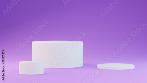 Stand or podium pedestal on advertising display with blank backdrops. White with purple product background. 3D rendering.