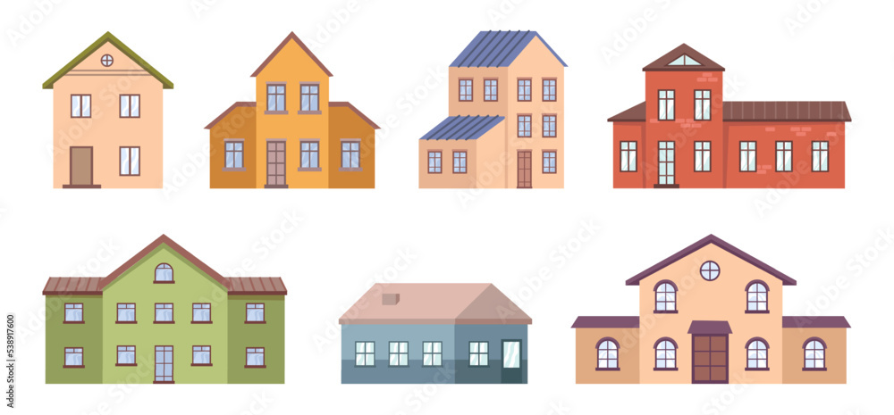 Houses of classic suburban architecture. Isolated buildings constructions, residential homes for living. Big mansions for families. Vector in flat style