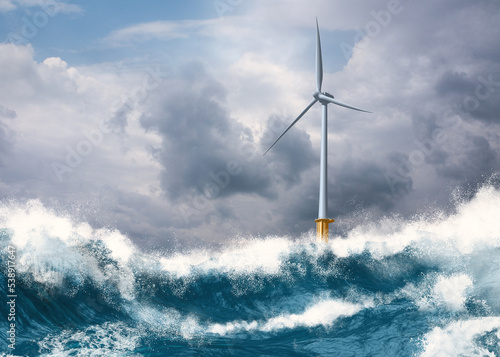 Modern mega offshore wind turbine in rough stormy sea