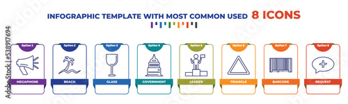 infographic template with outline icons. thin line icons such as megaphone, beach, glass, government, leader, triangle, barcode, request editable vector. can be used for web, mobile, info graph.