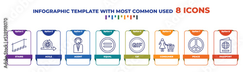 infographic template with outline icons. thin line icons such as stairs, agile, agent, equal, gif, consumer, peace, passport editable vector. can be used for web, mobile, info graph.