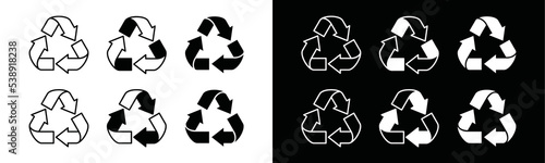 Recycle icon vector set. Recycling sign silhouette. Recyclable, compostable, recycle arrow, rotate arrow symbol illustration