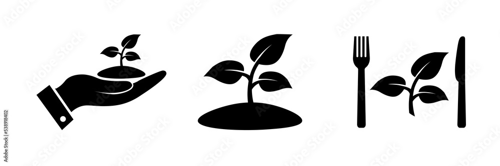 Healthy food icon set in flat style. Vegan salad isolated on white. Fork with knife and leaf in black. Simple nutrition for vegetarian restaurant. Organic fresh eat. Vector illustration for web site d Healthy food icon set in flat style. Vegan salad isolated on white. Fork with knife and leaf in black. Simple nutrition for vegetarian restaurant. Organic fresh eat. Vector illustration for web site d