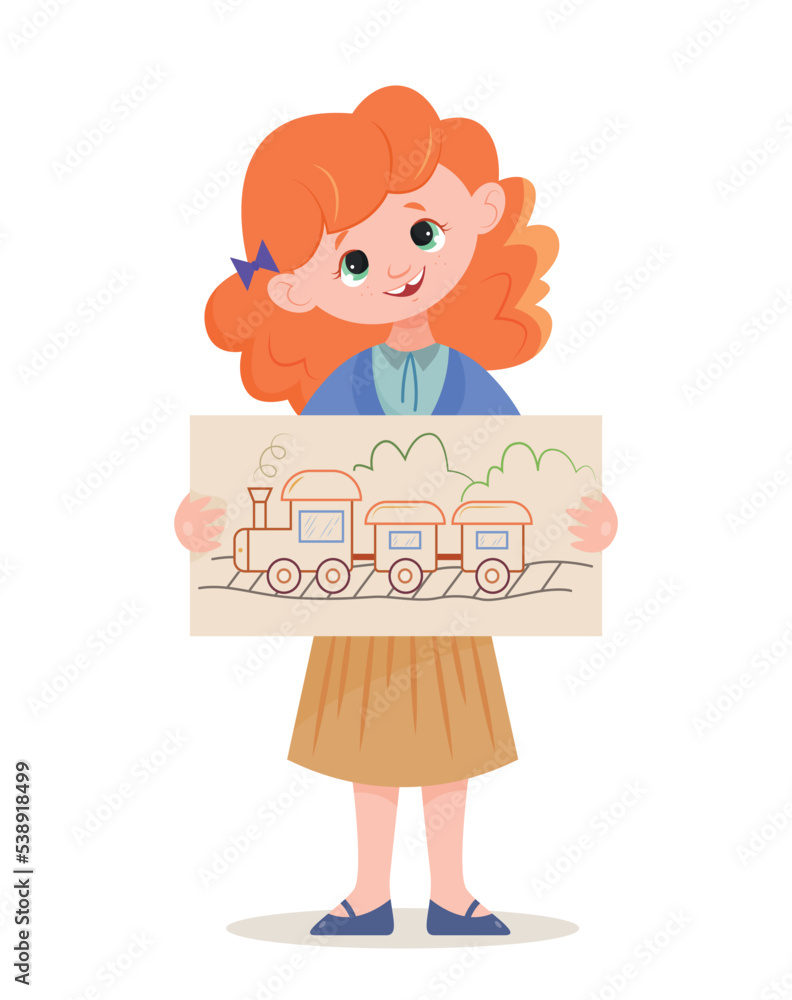 Girl show drawing. Charming character standing with train drawn in pencils. Creativity and art. Training and education. Sticker for social networks and messengers. Cartoon flat vector illustration Girl show drawing. Charming character standing with train drawn in pencils. Creativity and art. Training and education. Sticker for social networks and messengers. Cartoon flat vector illustration