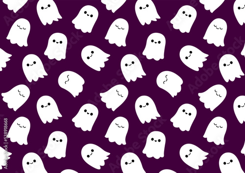 Cute ghost pattern wallpaper. Pattern of cute little cartoon ghosts on purple background.