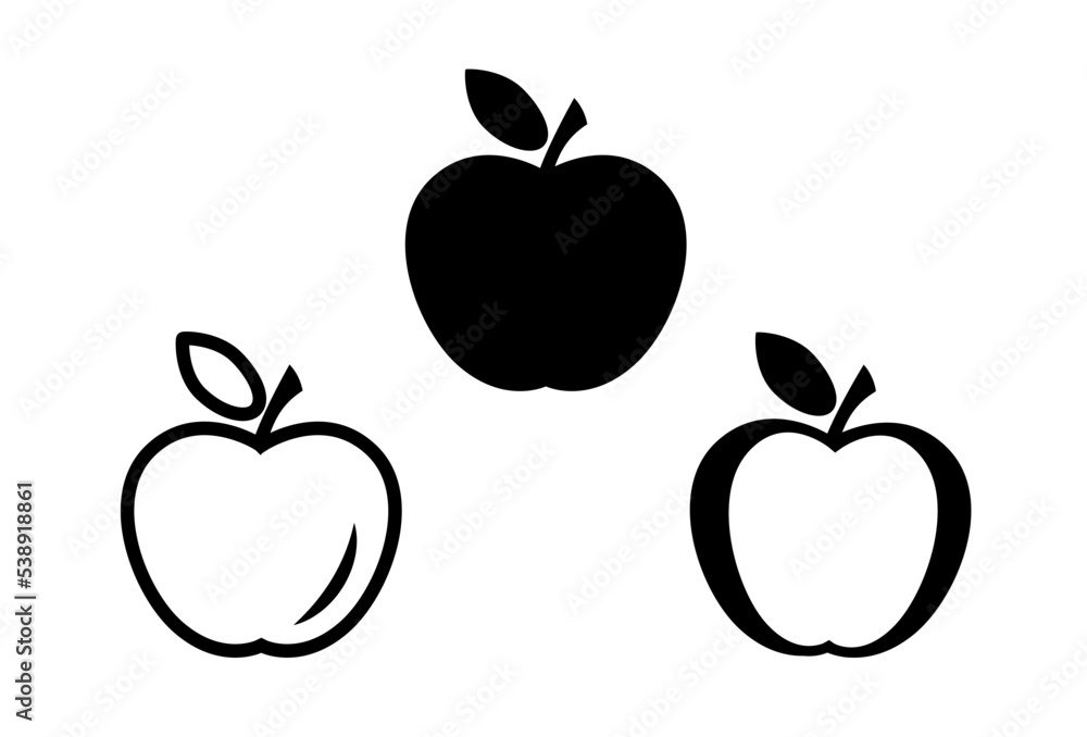 Apple icon set in black. Fresh apple with leaf symbol in flat style isolated on white background. Simple apple vector abstract icon. Vector illustration for web site design, logo, mobile app, UI. Apple icon set in black. Fresh apple with leaf symbol in flat style isolated on white background. Simple apple vector abstract icon. Vector illustration for web site design, logo, mobile app, UI.