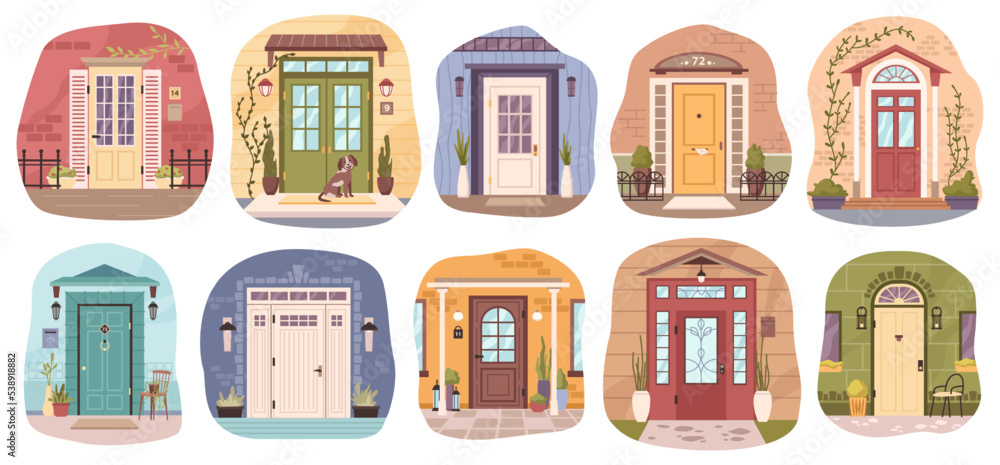 Doors of houses, isolated entrances of homes. Wooden and metal portals leading to residential building. Porches with houseplants and decor. Vector in flat style