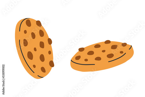 Hand drawn cute illustration of two cookies. Flat vector shortbread with chocolate chips in simple colored doodle style. Sweet bakery sticker, icon or print. Isolated on white background.