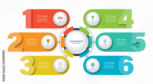 Infographic diagram with 6 numbered steps, options. Can be used as a chart, graph, workflow layout, for web, report, business infographics.