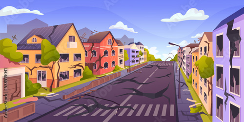 City disaster, earthquakes and natural catastrophes. Street with damaged houses and broken roofs, cityscape with town wires on ground. Vector in flat style