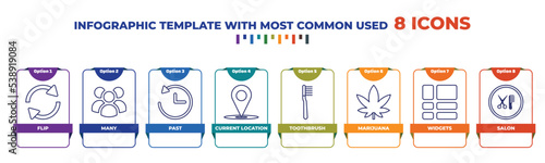 infographic template with outline icons. thin line icons such as flip, many, past, current location, toothbrush, marijuana, widgets, salon editable vector. can be used for web, mobile, info graph.