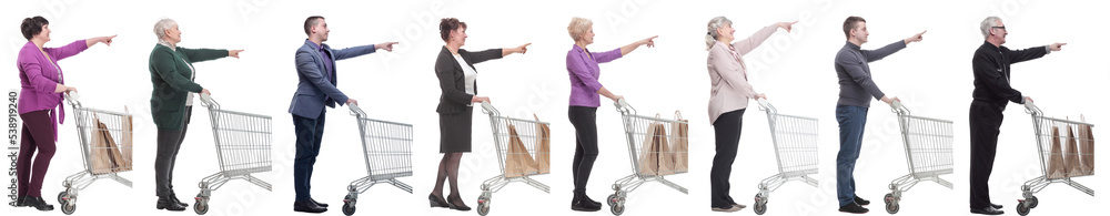 a group of people with a shopping cart point their fingers in front of them a group of people with a shopping cart point their fingers in front of them