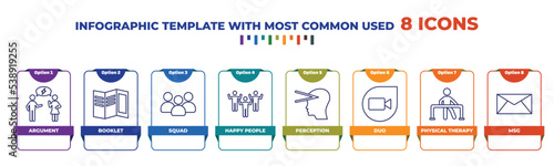 infographic template with outline icons. thin line icons such as argument, booklet, squad, happy people, perception, duo, physical therapy, msg editable vector. can be used for web, mobile, info