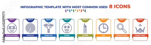 infographic template with outline icons. thin line icons such as burglar emoji, touch id, work out, stupid, lighter, idle, search white, dining table editable vector. can be used for web, mobile,